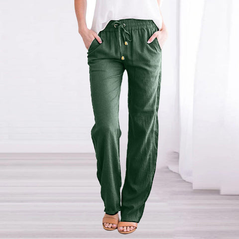 Solid color cotton and linen loose drawstring casual wide-leg trousers women's m301572