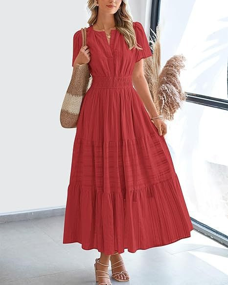 Fashion V-neck pleated bubble sleeves layered pendulum dress women m302009