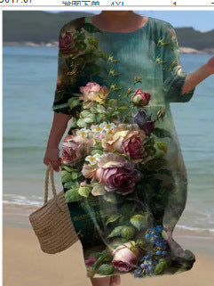 Loose crew neck fashion high-end long-sleeved printed dress m301053