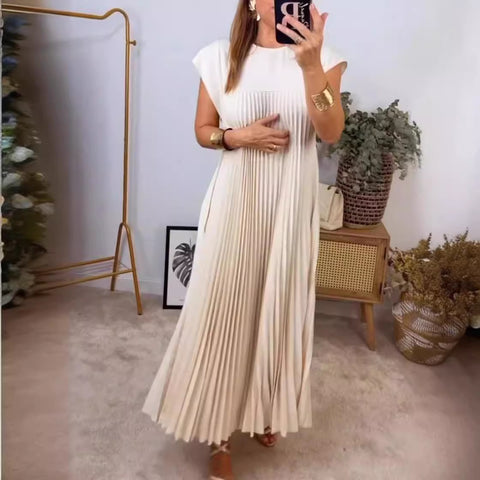 Fashion round neck sleeveless pleated dress m301308