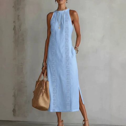 Women's clothing neck holiday solid color lace splicing sleeveless dress m302923
