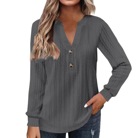 New long-sleeved solid color V-neck button-down T-shirt top m302223