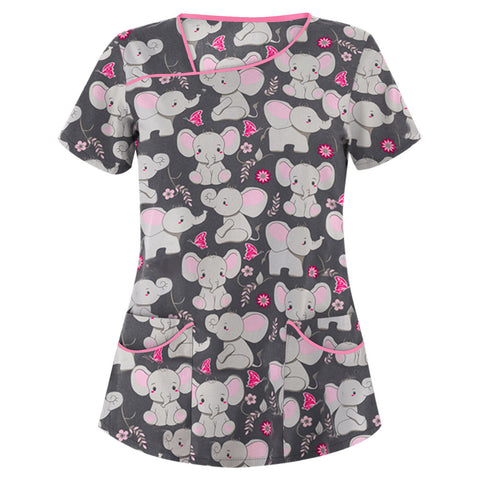 Printed V-neck short-sleeved pocket T-shirt women's top m301596