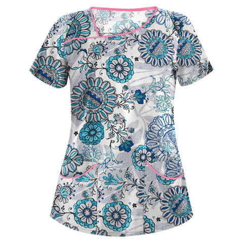 Printed V-neck short-sleeved pocket T-shirt women's top m301596