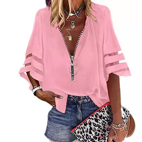 V-neck zipper shirt half-flared sleeve mesh splicing loose casual shirt women's m300887
