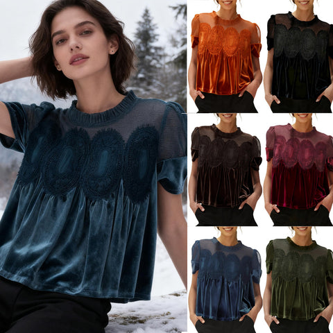 Mesh embroidered lace round neck pullover solid color velvet loose top m302350