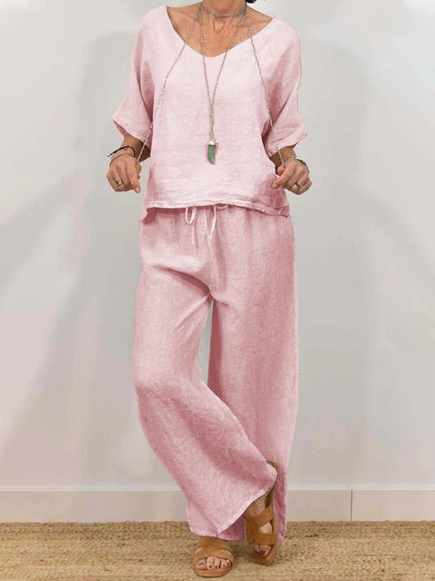 Casual V-neck pullover five-quarter sleeves plus trousers multi-colored women's two-piece set m301430