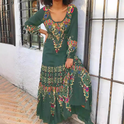 Temperament elegant long-sleeved dress autumn printing U-neck seaside vacation style long dress m300927