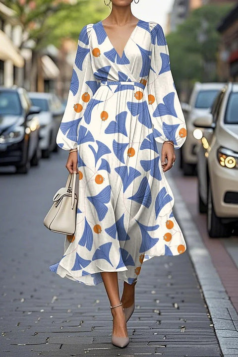 Floral series pattern 3D printing series casual women's V long dress m302129