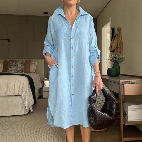 Women's dress cotton and linen shirt long dress fashion casual long sleeve cardigan dress m301932