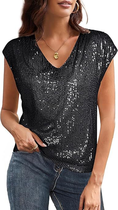 Sleeve sequins slim V-neck solid color top T-shirt women's m300996