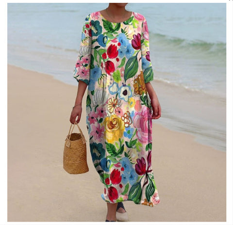Women's Crew Neck Long Printed Casual Fashion Women's Dress m301059