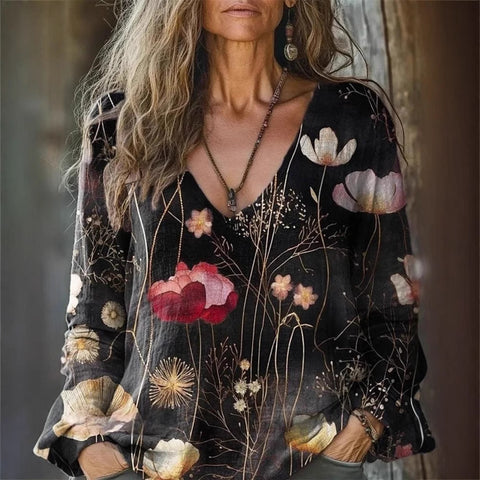 Casual V-neck long-sleeved pullover loose digital printing women's top T-shirt m301741