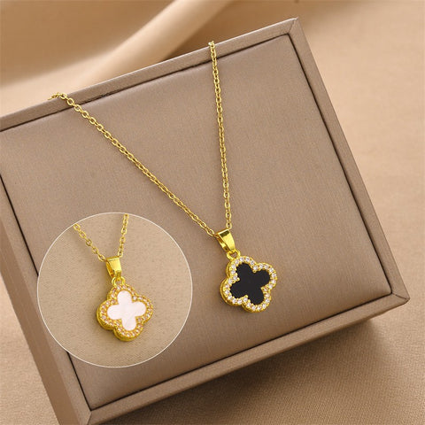 Gold Full Diamond Clover Necklace for Women with Black and White Double sided Design, Minimalist Earrings, Ring Jewelry M5010663