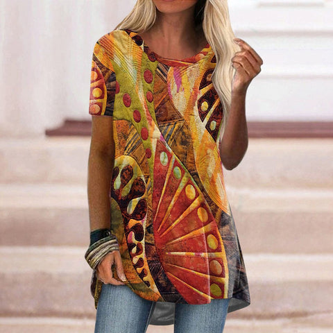 Popular round neck casual ethnic style retro printed short-sleeved T-shirt m301756