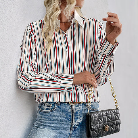 Women's vertical striped lapel shirt m300820