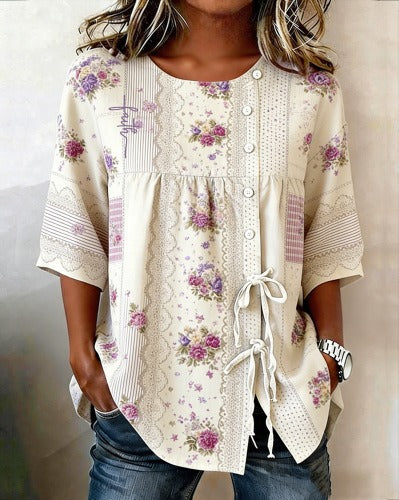 Temperament women's long-sleeved shirt printed top lace-up shirt m302925