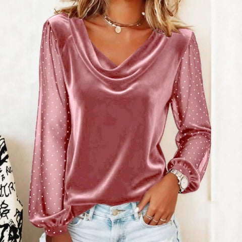 Women's solid color V-neck mesh hot diamond long-sleeved T-shirt m302227