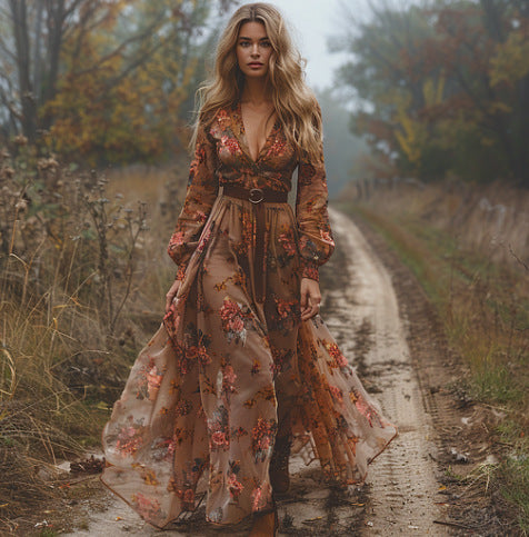 Long Sleeve Digital Printed V-Neck Long Dress, Dress m301981
