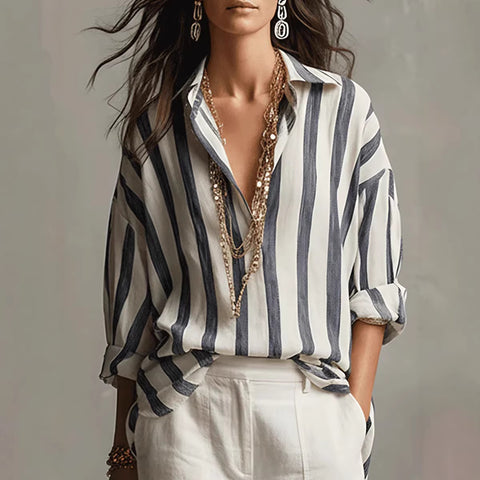 Spring, summer and autumn new women's clothing striped lapel collar loose fashion pullover blouse m302404