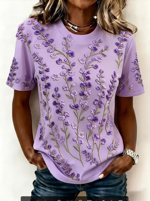 T-shirt ras du cou à manches courtes en imitation coton à imprimé floral pour navetteur m303070