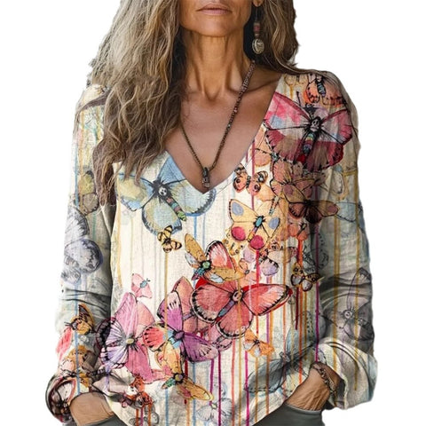 Casual V-neck long-sleeved pullover loose digital printing women's top T-shirt m301741