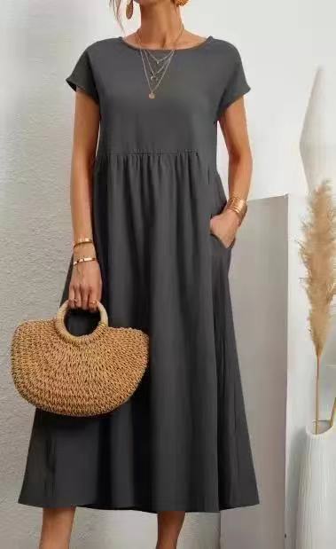 Sleeveless loose cotton and linen pocket dress m301061