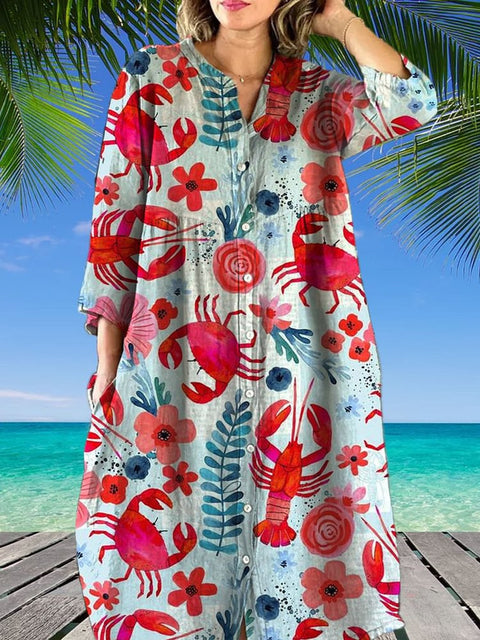 Women's Loose Crew Neck Fashion Premium Long Sleeve Printed Shirt Dress m301050