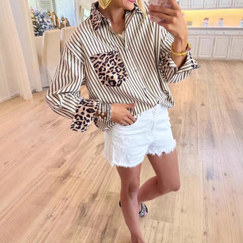 Fashion casual versatile long-sleeved leopard print splicing cardigan striped shirt top m302163