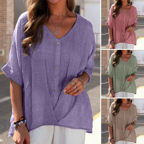 Cotton and linen V-neck pullover short-sleeved loose-fitting women's shirt casual top m301320