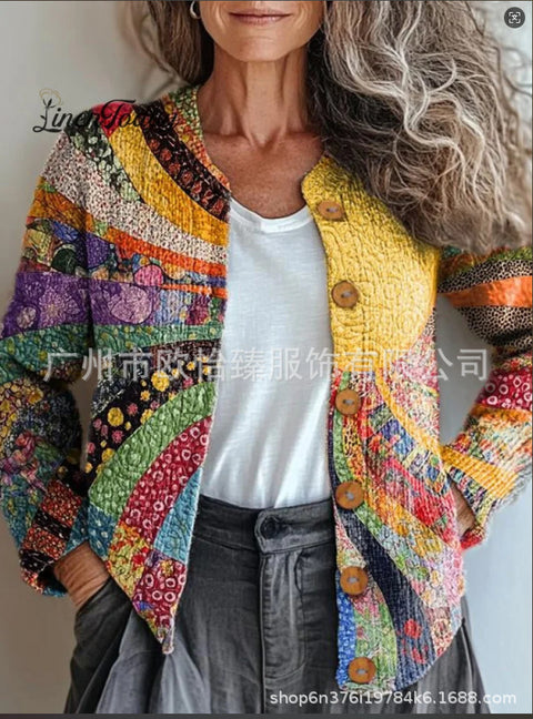 Autumn new colorful warm sunshine flower sea printed button cardigan m301725