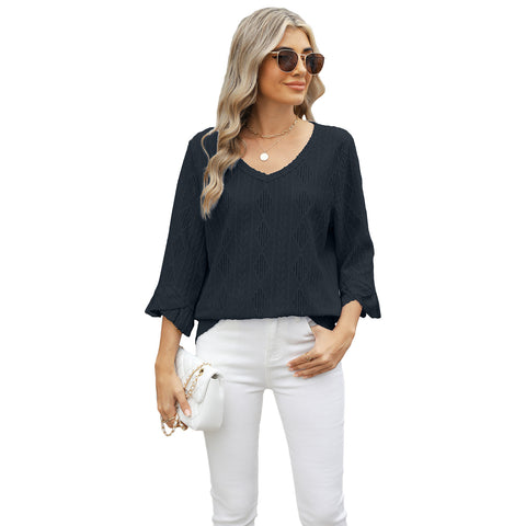 Spring and summer new v-neck rhombus grid hollow jacquard horn sleeve loose t-shirt women's m301965