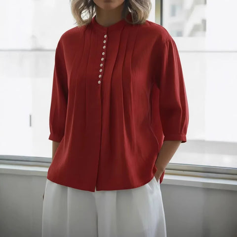 Women's cotton shirt solid color casual button-down pleated shirt m302690