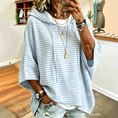3D printed women's striped hooded loose casual sweater m303000