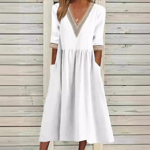 Loose cotton linen lace V-neck half sleeve mid length dress m300048