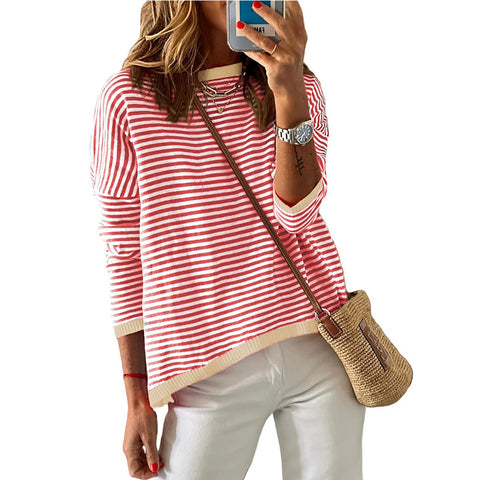 Crew neck striped contrasting color long-sleeved casual sweater m300958