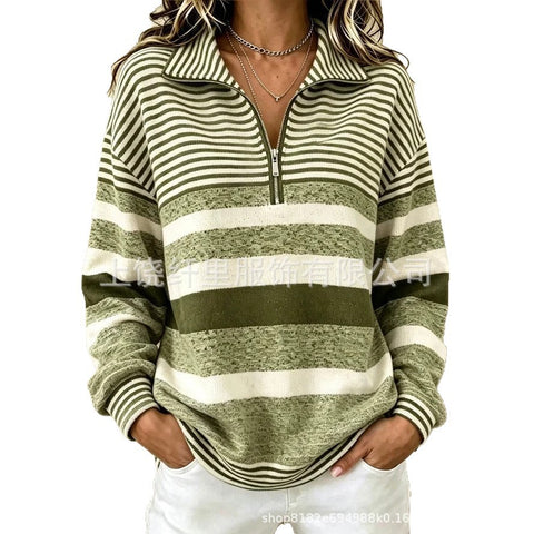 Striped print long-sleeved zipper stand-up collar women's casual sweater FF303291