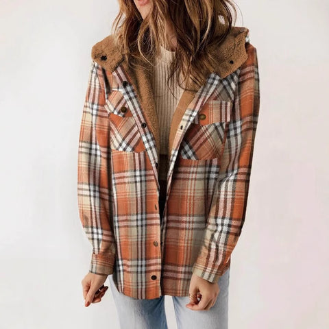 Women's plaid jacket long-sleeved hairy hooded jacket jacket with pockets m302153