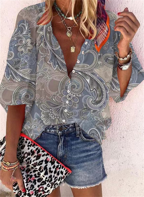 women's clothing stand-up collar loose button retro printed casual shirt m301723