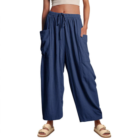 Elastic waist pleated middle waist straight pants loose casual cotton and linen nine-point pants m301883