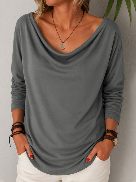 Women's casual loose fashion long-sleeved solid color stacked collar pullover t-shirt top m301755