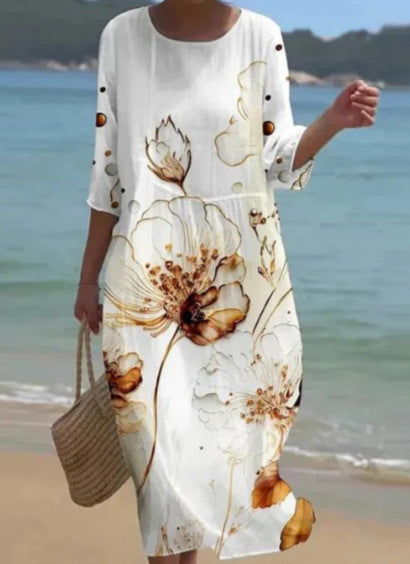 Loose crew neck fashion high-end long-sleeved printed dress m301053