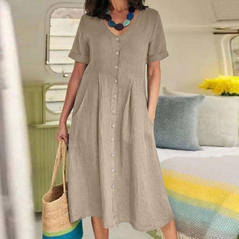 New solid color loose high waist cotton and linen dress m301192