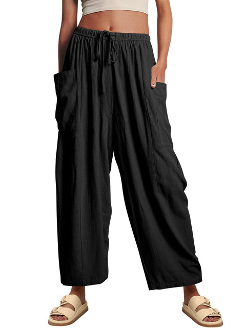Elastic waist pleated middle waist straight pants loose casual cotton and linen nine-point pants m301883