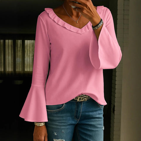 Casual long-sleeved V-neck regular multi-color women's top T-shirt m303111