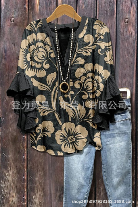 Creative floral element printing digital printing casual trend V-neck lotus edge T-shirt women's m301769