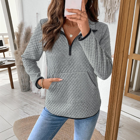 Waffle V-neck zipper semi-open pullover sweater casual solid color versatile texture top m300789