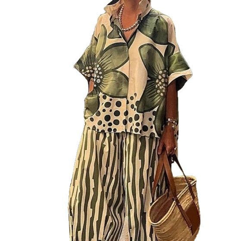 Women's lapel loose geometric printing casual suit m301238