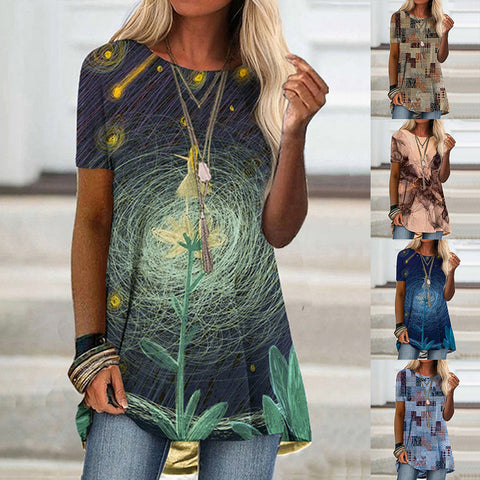 Popular round neck casual ethnic style retro printed short-sleeved T-shirt m301756