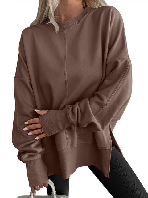 Loose sweater side split splicing round neck bat sleeve fleece top m302100